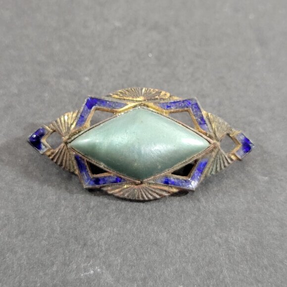 Vintage Art Deco Brooch Green Celluloid Stone Blue Enamel Embossed 1.5" - Picture 1 of 3